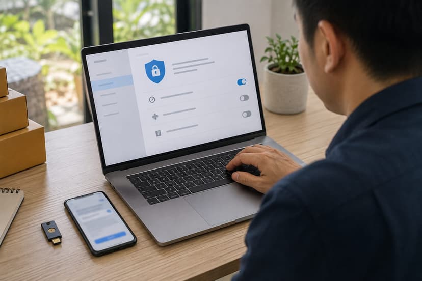 Người dùng kiểm tra cài đặt MFA trên laptop với điện thoại và khóa bảo mật phần cứng bên cạnh