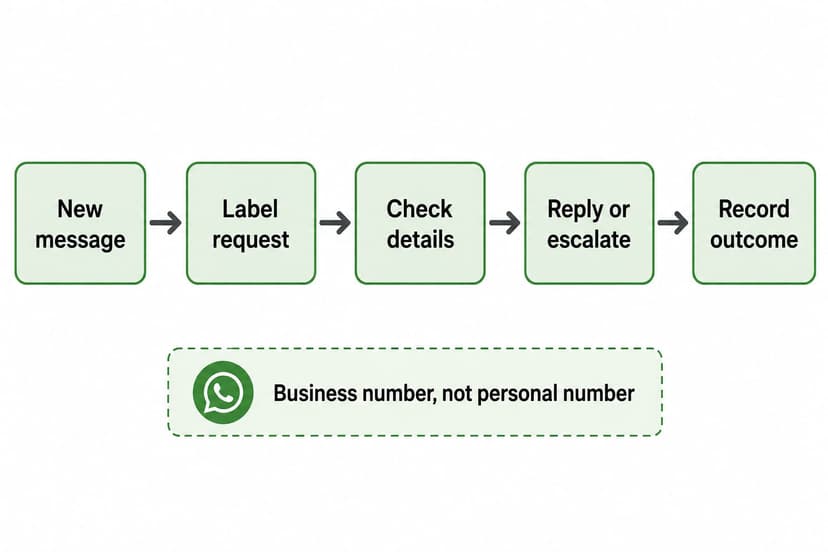 WhatsApp Business workflow from a new customer message to labeling, checking details, reply or escalation, and recording the outcome