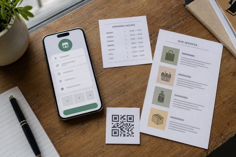 Illustrative workspace for setting up a separate WhatsApp Business profile, hours, catalog and generic QR code