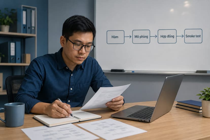 Kỹ sư phần mềm xem sơ đồ bốn lớp kiểm thử mã gửi SMS