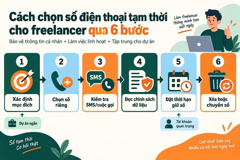 Sơ đồ sáu bước chọn số điện thoại tạm thời cho freelancer