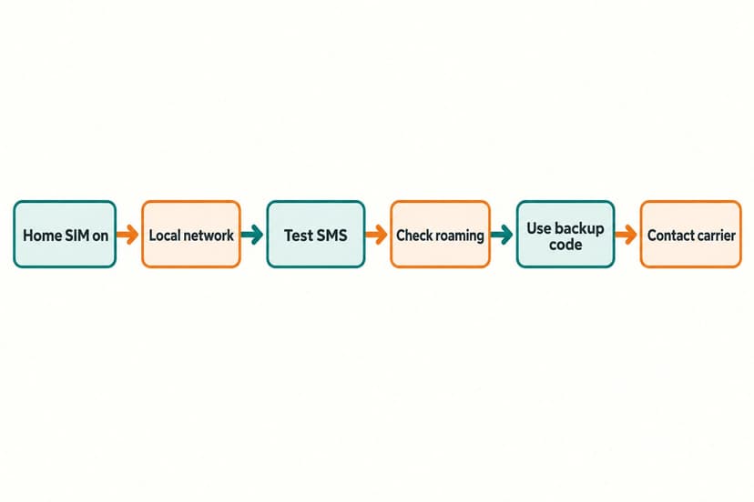 Troubleshooting flow from keeping the home SIM on to contacting the carrier when SMS codes fail abroad