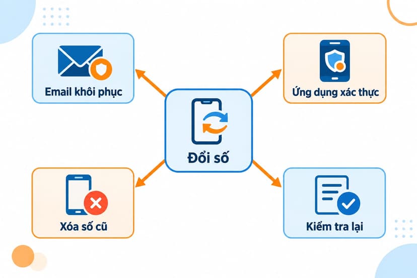 Sơ đồ năm bước đổi số, thêm phương thức khôi phục, xóa số cũ và kiểm tra lại