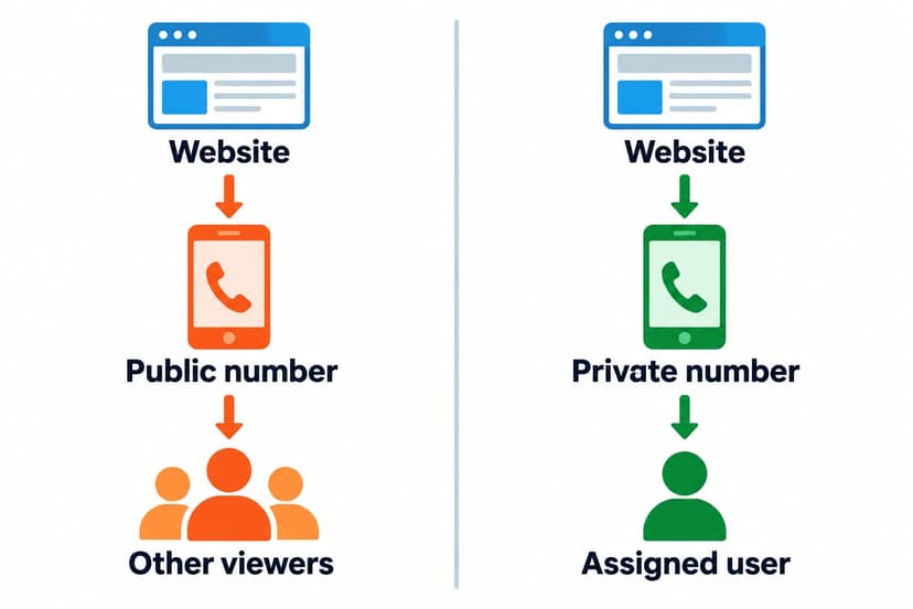 Comparison of a public SMS number visible to other viewers and a private number assigned to one user