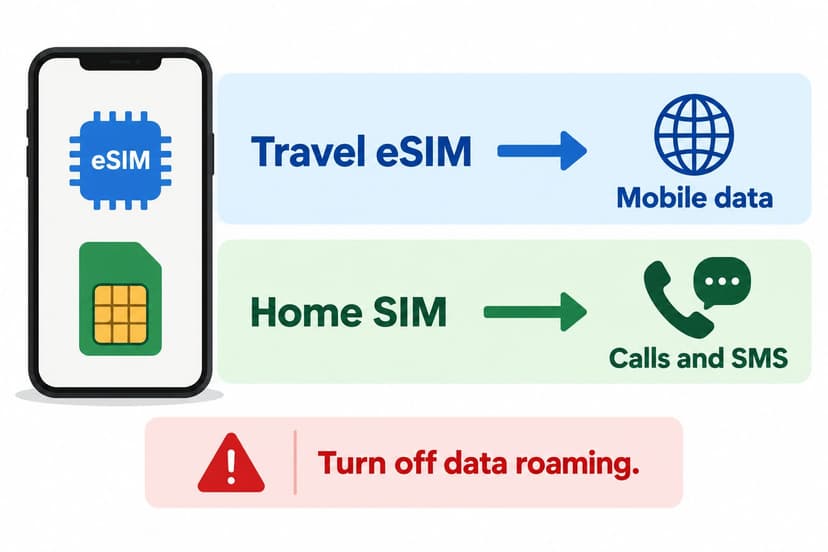 Travel eSIM assigned to mobile data while the home SIM remains assigned to calls and SMS