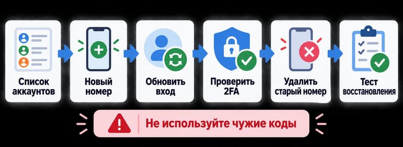 Схема переноса номера: список аккаунтов, новый номер, проверка двухфакторной аутентификации и тест восстановления