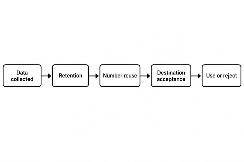 Decision flow for checking collected data, retention, number reuse and destination acceptance before using a virtual number