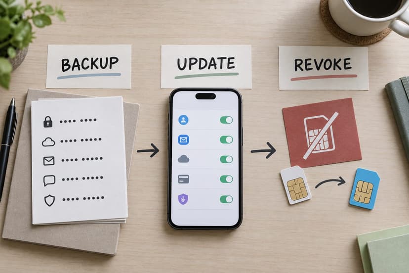 Checklist showing backup, update and revoke steps for changing a phone number safely
