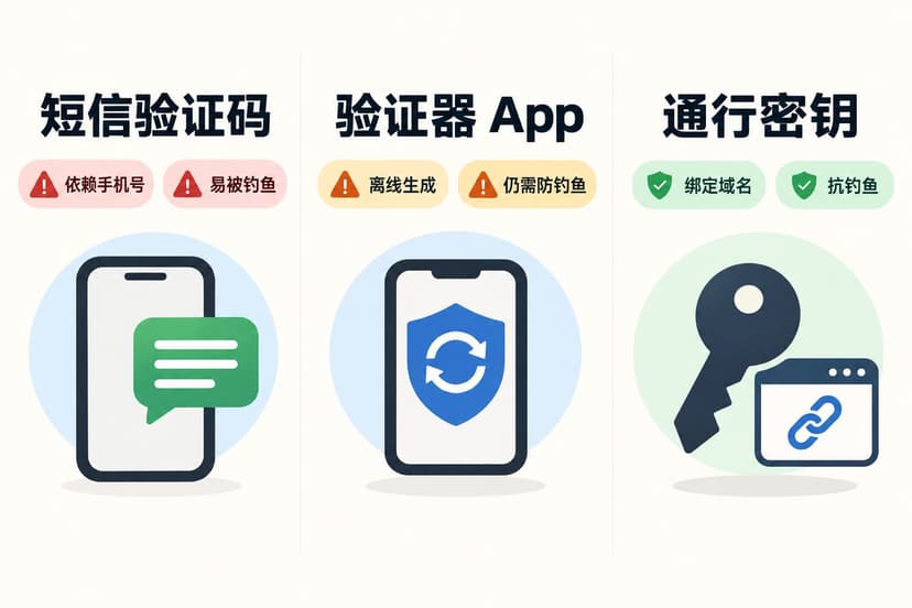 短信验证码、验证器 App 和通行密钥的安全特征对比