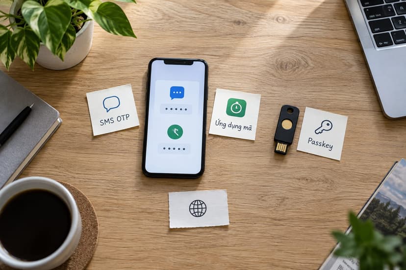 Điện thoại, ứng dụng tạo mã và khóa bảo mật trong bố cục minh họa bảo vệ tài khoản