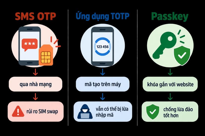 So sánh SMS OTP, ứng dụng TOTP và passkey theo cách tạo mã và rủi ro