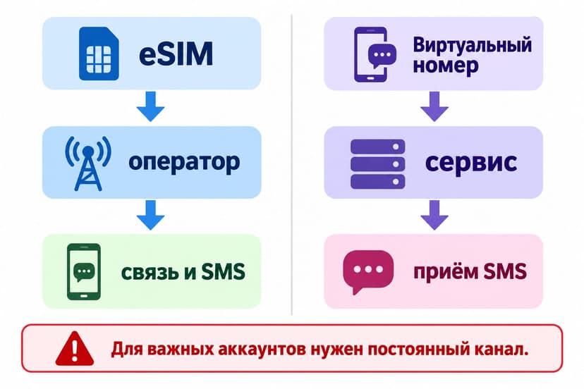 Сравнение пути eSIM через оператора и виртуального номера через сервис приёма SMS