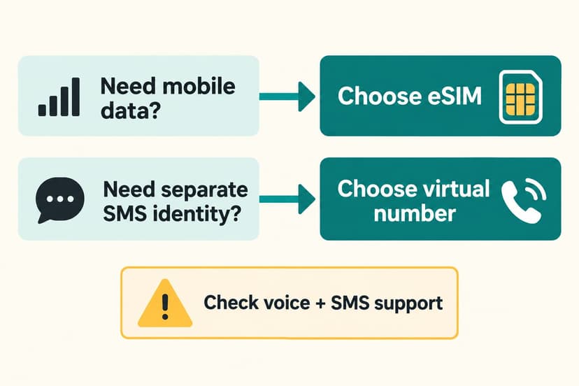 Choice diagram comparing an eSIM for mobile data with a virtual number for separate SMS identity