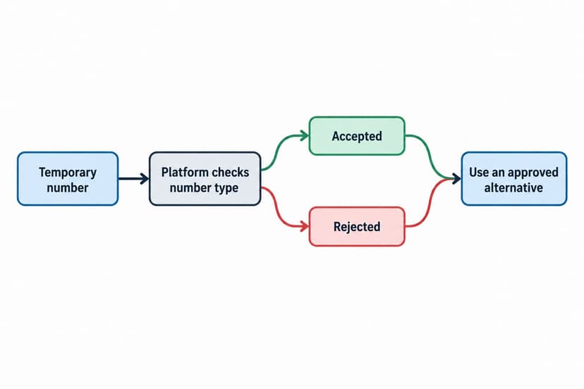 Decision flow showing a platform checking a temporary number and either accepting it, rejecting it, or requiring an approved alternative
