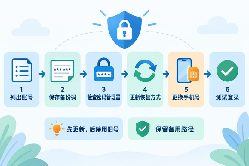 换手机号前的账号安全流程：列出账号、保存备份码、检查密码管理器、更新恢复方式、换号并测试登录