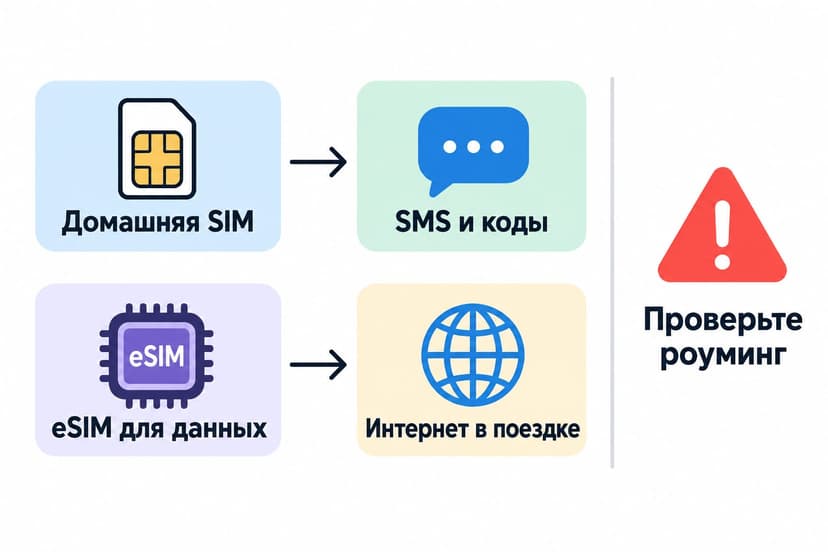 Схема: домашняя SIM принимает SMS, а eSIM даёт интернет в поездке