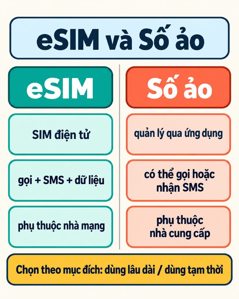 Infographic so sánh eSIM và số điện thoại ảo theo cách hoạt động và mục đích sử dụng
