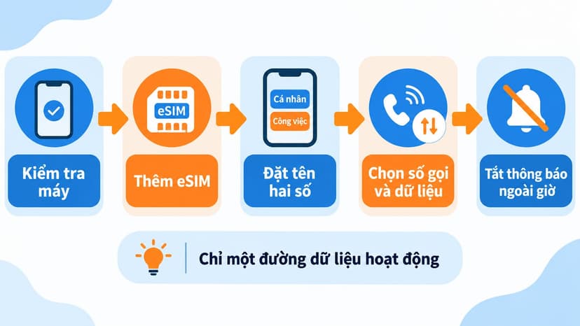 Sơ đồ năm bước thêm eSIM, đặt tên đường dây và tắt thông báo ngoài giờ