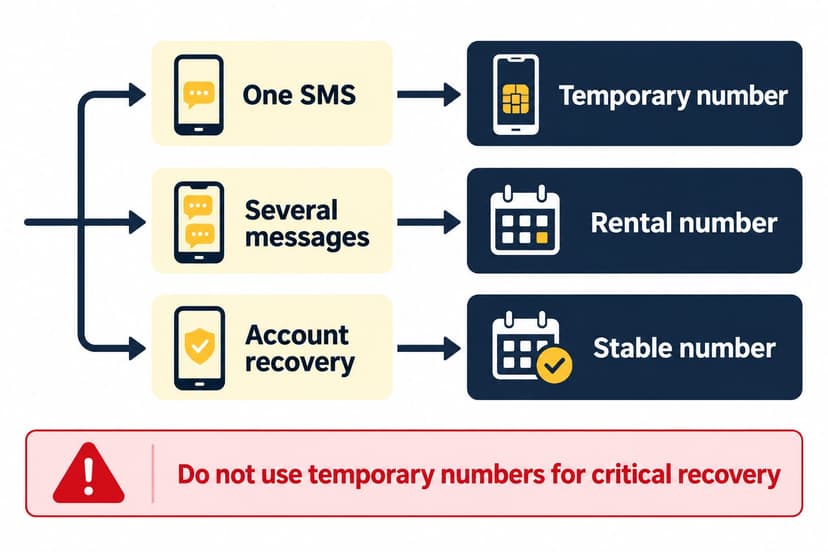 Decision flow showing one SMS uses a temporary number, several messages use a rental number, and account recovery needs a stable number