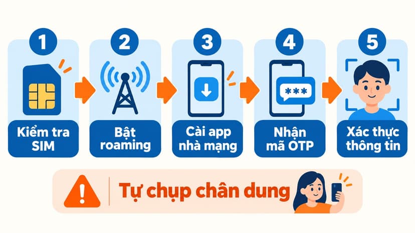 Sơ đồ năm bước kiểm tra SIM, bật chuyển vùng, mở ứng dụng nhà mạng, nhận OTP và xác thực thông tin