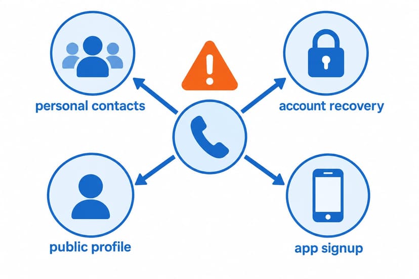 Diagram showing one phone number connected to personal contacts, account recovery, a public profile and app sign-up