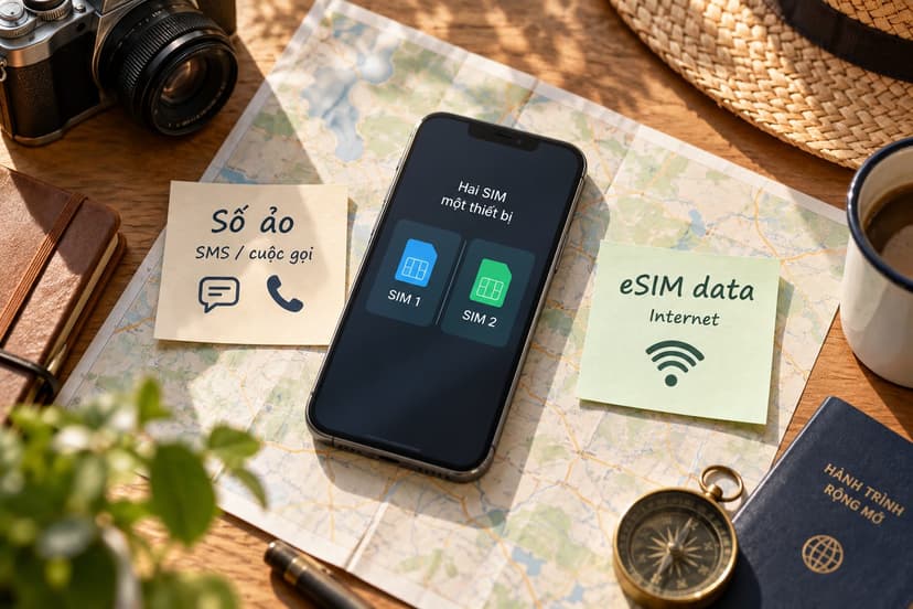 Điện thoại hai SIM cạnh bản đồ, ghi chú số điện thoại ảo và eSIM data