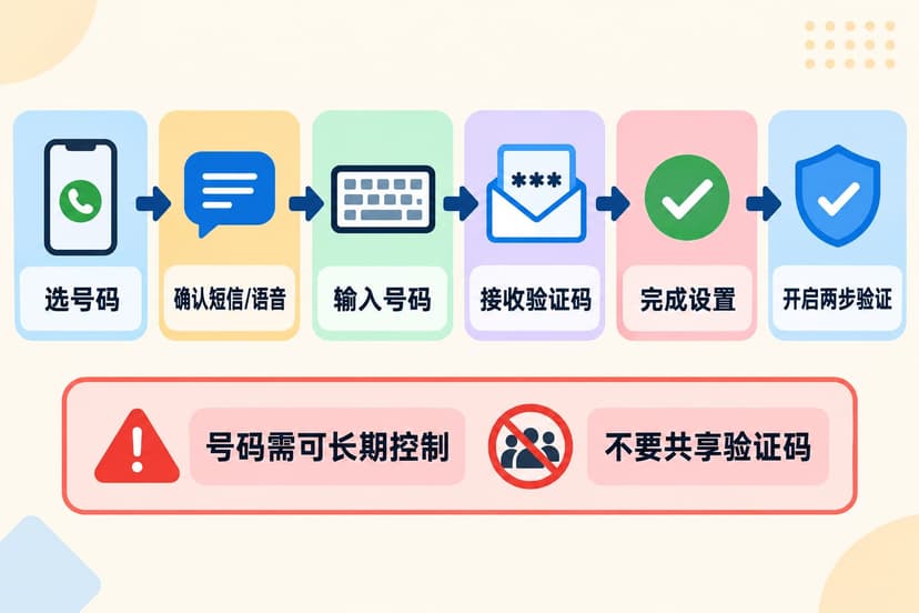 WhatsApp 虚拟号码设置流程：选择号码、确认短信或语音、输入号码、接收验证码、完成设置并开启两步验证
