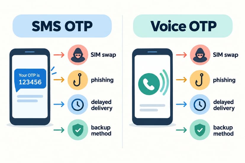 Phone and checklist illustrating the choice between SMS OTP and voice OTP