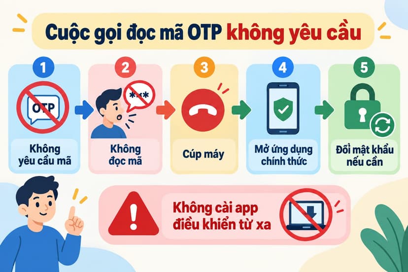 Sơ đồ năm bước xử lý cuộc gọi lạ đọc mã OTP bằng tiếng Việt