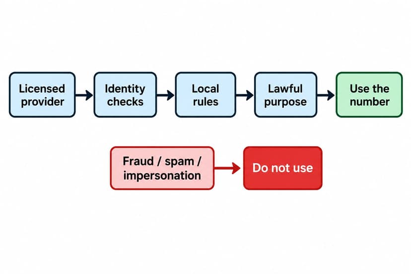 Decision path showing provider checks, local rules and lawful use of a virtual phone number