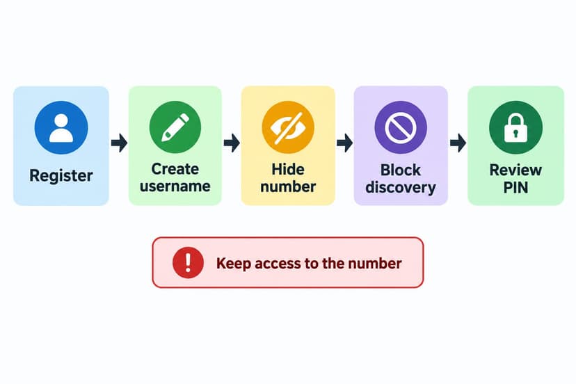 Signal privacy setup flow from registration to username, hidden number, blocked discovery and PIN review
