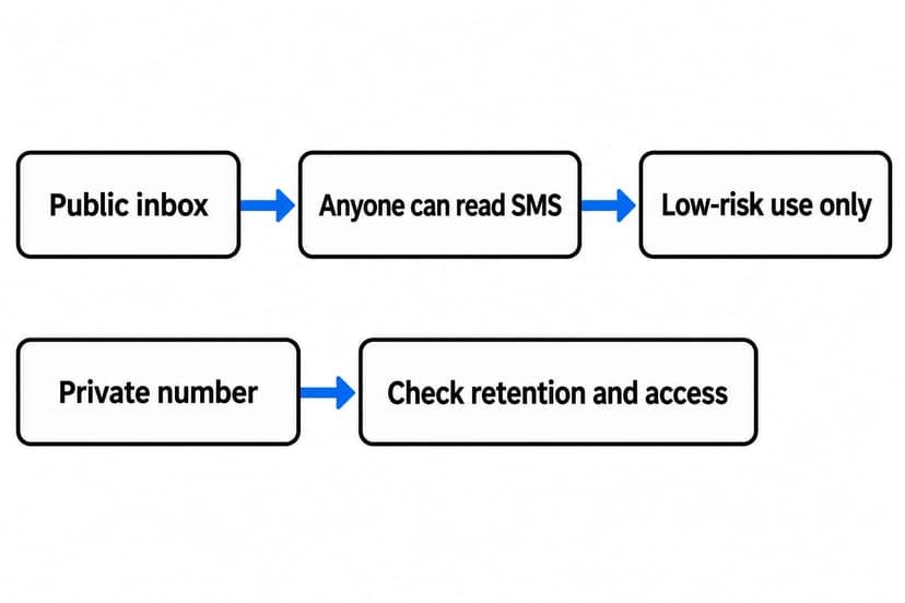 Infographic showing why a public SMS inbox is suitable only for low-risk use and why private-number retention must be checked