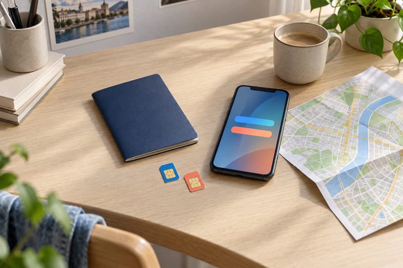 Смартфон с двумя SIM-картами и закрытым паспортом на столе студента после переезда