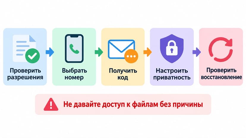 Схема выбора номера и проверки разрешений перед регистрацией WhatsApp