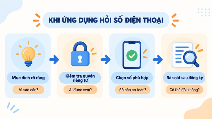 Sơ đồ bốn bước kiểm tra mục đích và bảo vệ số điện thoại khi ứng dụng yêu cầu đăng ký