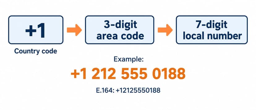 English infographic showing the +1 area code and local-number format
