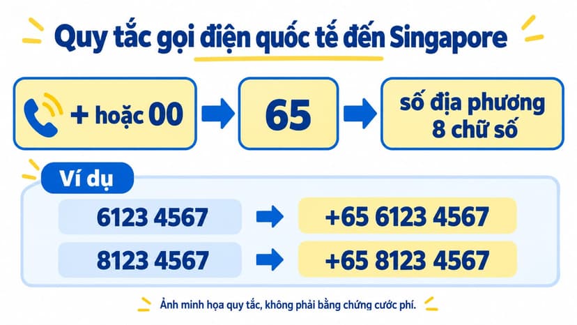 Sơ đồ đổi số Singapore sang dạng quốc tế với mã +65 và hai ví dụ 8 chữ số