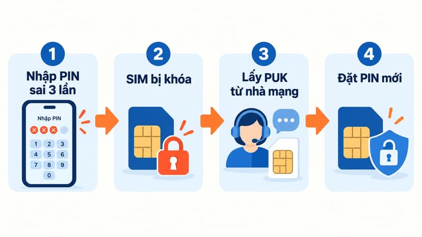 Sơ đồ nhập sai PIN ba lần, lấy PUK từ nhà mạng rồi đặt PIN mới