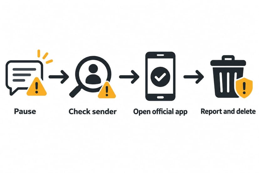 Infographic showing four steps for handling a suspicious OTP text: pause, check the sender, open the official app, then report and delete