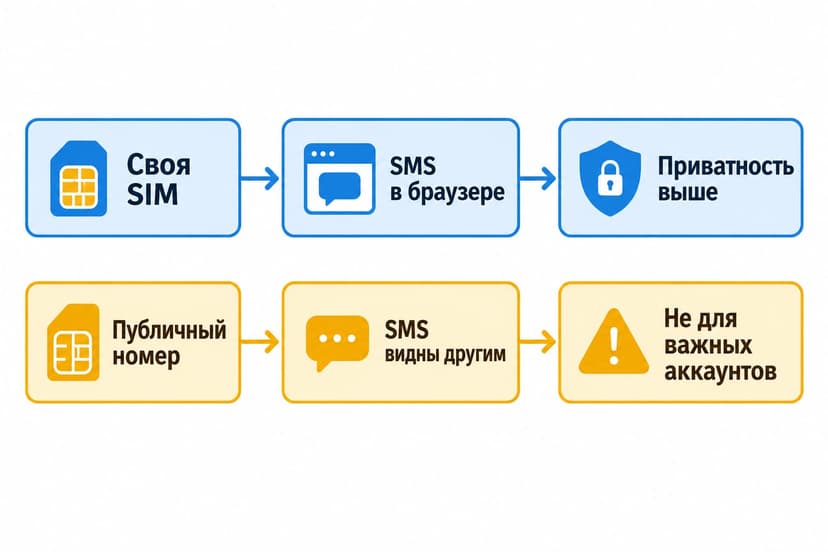 Схема выбора между личной SIM-картой, SMS в браузере и публичным номером