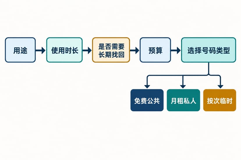 虚拟号码选择流程：用途、使用时长、长期找回、预算和号码类型