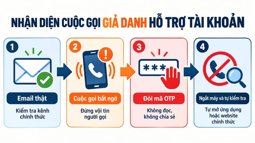 Infographic tiếng Việt bốn bước nhận diện cuộc gọi giả danh và bảo vệ mã OTP