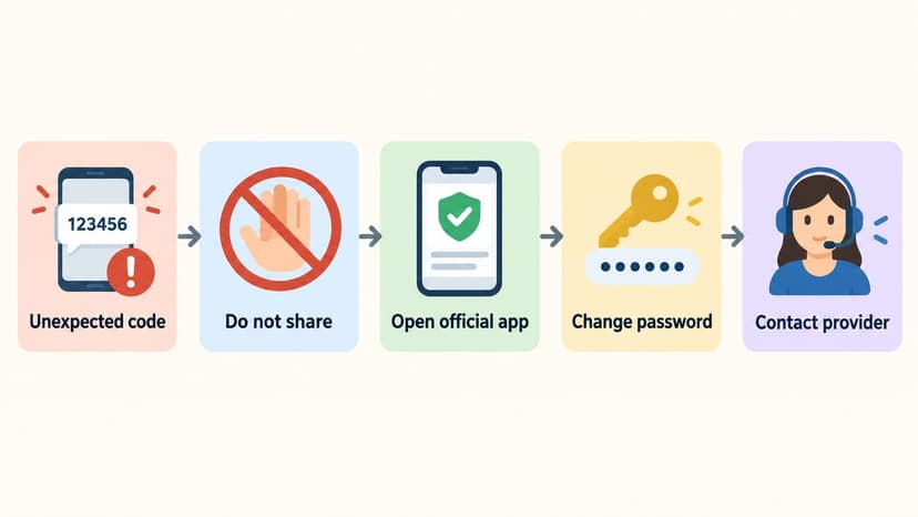 Safe response flow for an unexpected OTP: do not share the code, check the official app, change the password and contact the provider