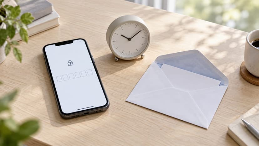 Điện thoại hiển thị hộp mã xác minh cạnh phong bì email trên bàn sáng màu