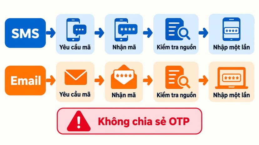 Sơ đồ so sánh quy trình nhận và kiểm tra mã OTP qua SMS với email