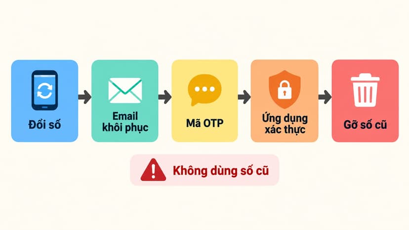 Sơ đồ đổi số, cập nhật email khôi phục, chuyển mã OTP sang ứng dụng và gỡ số cũ
