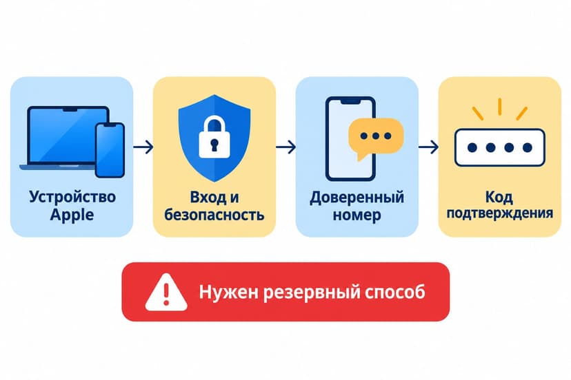 Схема: устройство Apple, раздел входа и безопасности, доверенный номер и код подтверждения