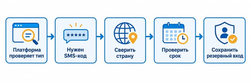 Схема выбора типа номера, страны и резервного способа входа