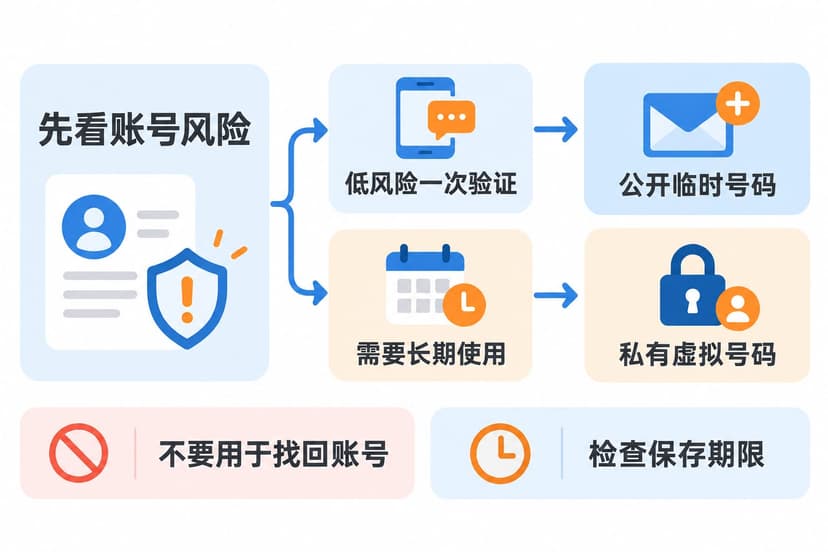临时短信号码选择流程：先判断账号风险，再选择公开临时号码或私有虚拟号码