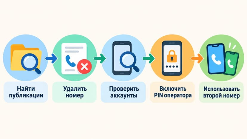 Схема очистки личного номера: поиск публикаций, удаление, проверка аккаунтов и PIN оператора